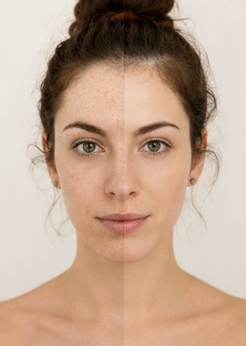 Before and after comparison of a client's complexion, showing reduced texture and even tone