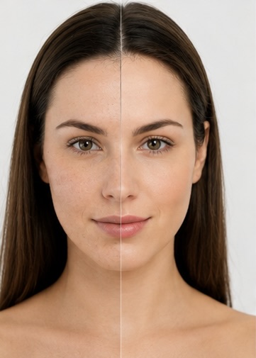 Before and after comparison of a client's complexion, showing improved radiance and smoothness