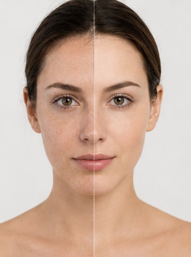 Before and after comparison of a client's complexion, showing reduced pigmentation and clarity