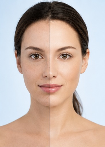 Before and after comparison of a client's complexion, showing overall skin tone improvement