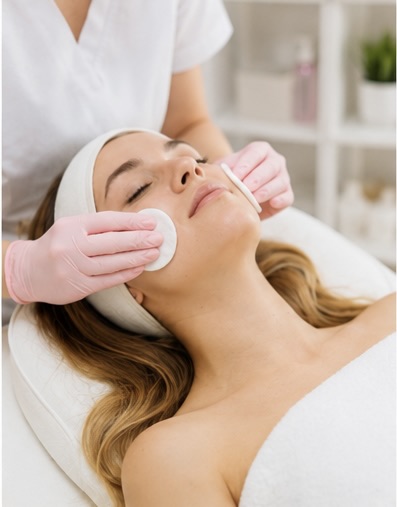 Esthetician cleansing a client's skin in preparation for a chemical peel