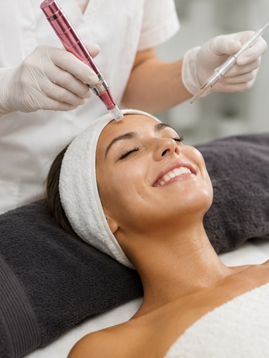 Esthetician performing a microneedling treatment with a professional device