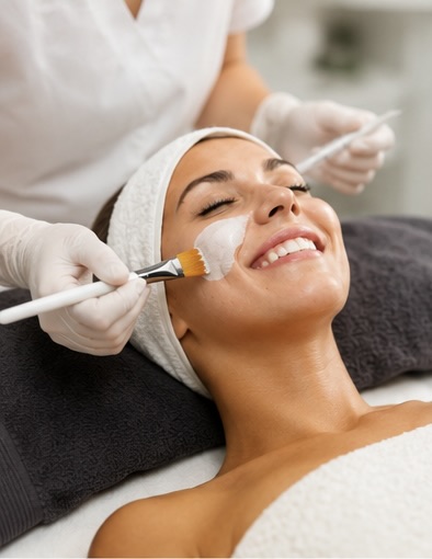 Esthetician applying a hydrating mask during a Signature Facial treatment